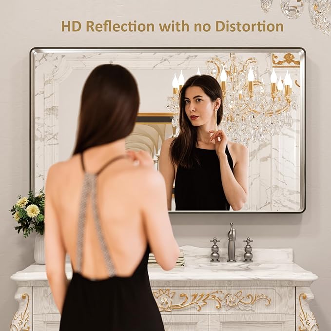 LOAAO 60X28 Inch Brushed Nickel Bathroom Mirror, Rounded Rectangle Silver Metal Frame Mirror, Brushed Nickel, Anti-Rust, Shatter Proof, Hangs Horizontally or Vertically