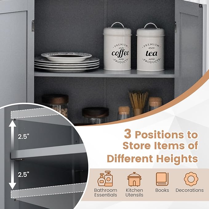 GOFLAME Bathroom Storage Cabinet, Freestanding Storage Cabinet with 4 Doors, Wooden Kitchen Cupboard with Adjustable Shelf, Buffet Sideboard, Multipurpose Home Organizer for Bathroom, Kitchen, Grey