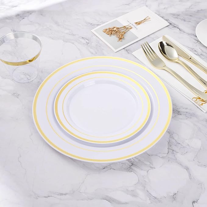 100PCS Gold Plastic Plate, Disposable Party Plates with 50 Dinner Plates and 50 Dessert Plates, Plastic Plate for Parties, Wedding and Birthday