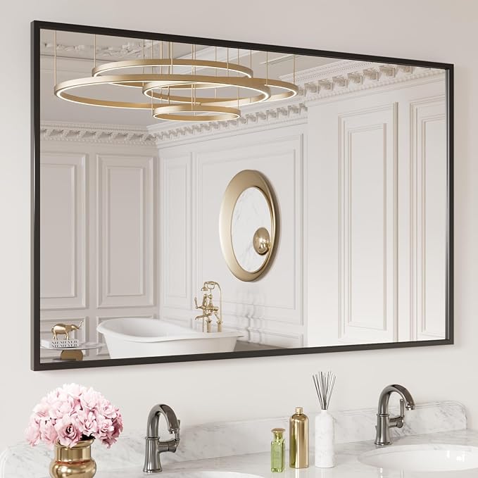 LOAAO 55"X36" Black Rectangle Bathroom Mirror Wall, Matte Black Aluminum Alloy Frame, Tempered Glass, Hangs Vertically or Horizontally, Easy to Install