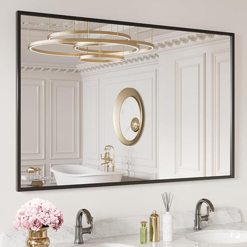 LOAAO 40"X30" Black Rectangle Bathroom Mirror Wall, Matte Black Aluminum Alloy Frame, Tempered Glass, Hangs Vertically or Horizontally, Easy to Install