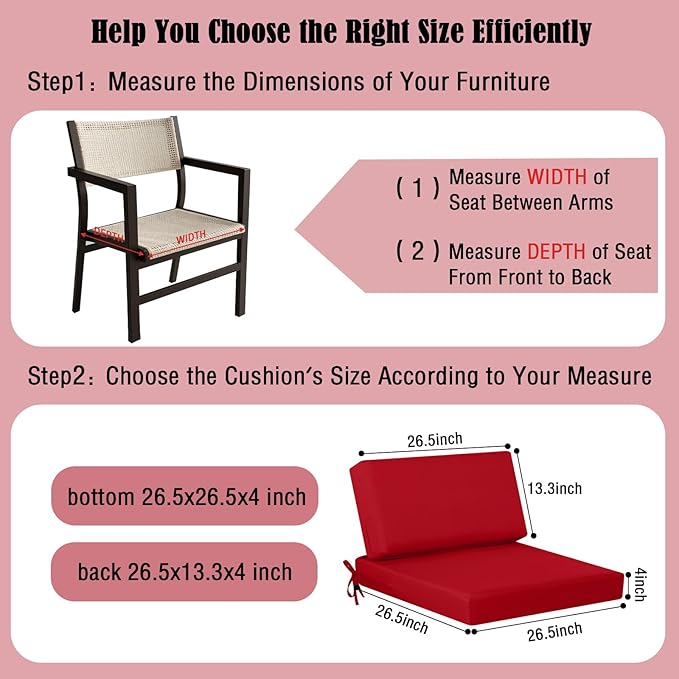 idee-home Outdoor Cushions for Patio Furniture, Outdoor Seat Cushion, Waterproof Couch Hampton Bay Deep Seat Replacement Chair Cushions for Garden Lawn Backyard Deck, 26.5 x 26.5 Red