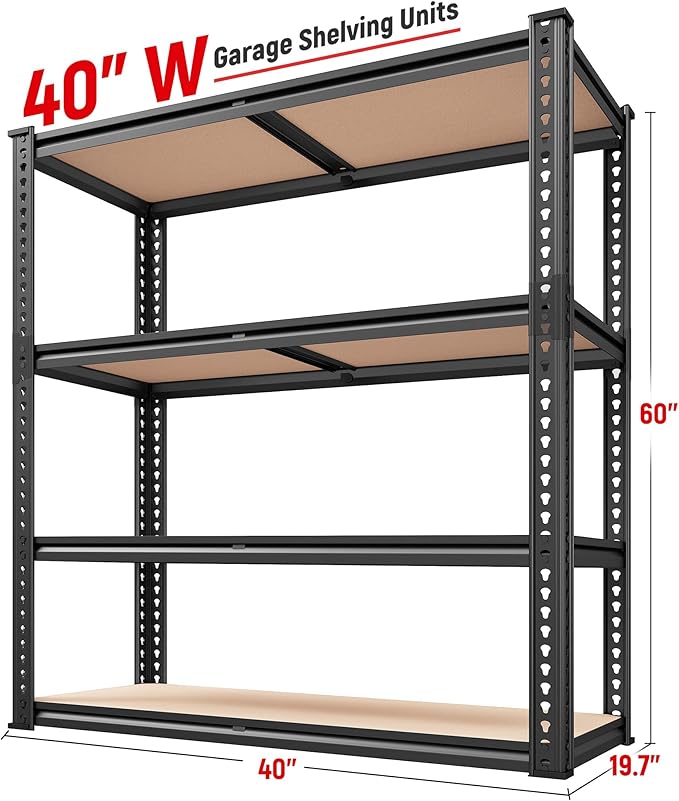 REIBII 40" W Garage Shelving 2000LBS Storage Shelves Adjustable Metal Shelving 4 Tier Metal Shelves Pantry Shelf for Garage Closet Kitchen Basement 40" W x 19.7''D x 60''H