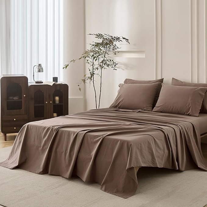6PS Linen Like Bedding Sheet Sets Light Chocolate Brown Cotton Bedding Set Oeko-TEX Standard 100% Washed Cotton Deep Pocket King Size Fitted Sheet Plus Cozy Flat Sheet and 4 Pillowcases