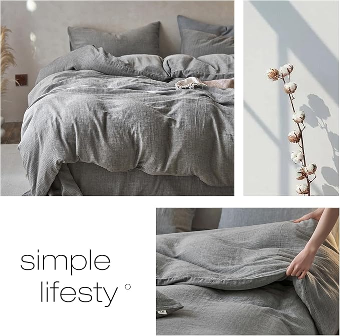 VM VOUGEMARKET Muslin Duvet Cover King Size,Breathable Linen Like Guaze Textured Bedding Comforter Cover Set 3 Pieces Minimalist Duvet Cover with 2 Pillowcases, 104"x90",Grey
