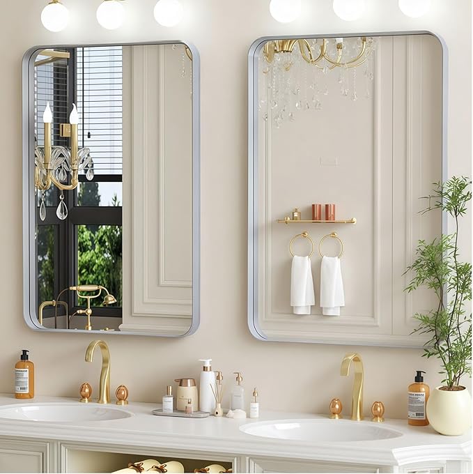 24×36 Silver Bathroom Vanity Mirror for Over Sink - Decorative Bathroom Mirrors with & Tempered Glass for Bedroom, Hallway, Living Room, Horizontal/Vertical Wall Mounted, Rounded Rectangle Frame