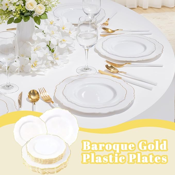 WDF 60pcs White and Gold Plastic Plates - Baroque White With Gold of 30 Heavy Duty Gold dinner plates 10.25inch, 30 Salad Plates 7.5inch Perfect for Weddings/Party/Birthday