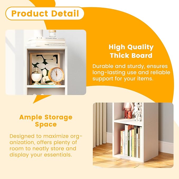 Narrow Bookshelf, 35.8" H Floor Standing Bookcase, Open Bookshelves Storage Organizer Display Shelves, Modern Corner Bookshelf Storage Cabinet for Living Room, White