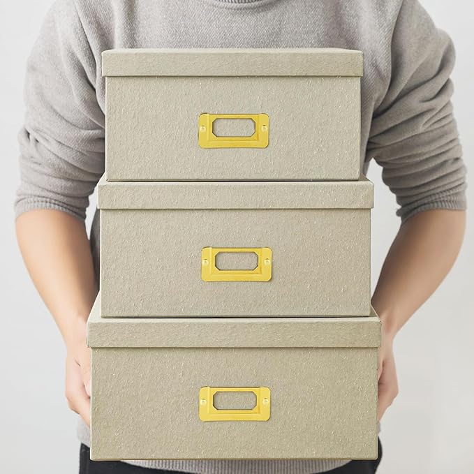 Soul & Lane Light Gray Kraft Paper Boxes for Storage, Set of 3 Square Stacking Boxes with Lids and Gold Label Holders, Decorative Photo Storage, Nesting Cardboard Containers for Organizing