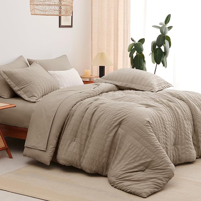 CozyLux Queen Comforter Set Khaki Seersucker 7 Pieces Bed in a Bag Queen Comforter Set with Sheets, Luxury Soft Bedding Set with Down Alternative Comforter, Sheets, Pillowcases & Shams for All Seasons