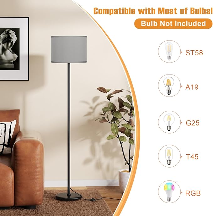 Ambimall 60'' Modern Floor Lamp with Shade, Tall Lamps for Living Room, Bedroom, Office, Dining Room, Grey Shade with Black Pole(Without Bulb)