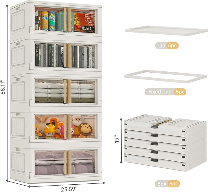 KHNR Storage Bins with Lids, 78 Quart Plastic, White Closet Organizers and Storage,5 Packs Stackable with Wheels,Dual Open Collapsible, for Home and Office