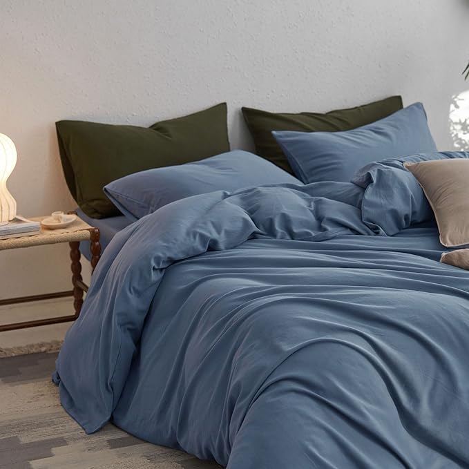 MooMee Super Queen Duvet Cover Set, 100% Washed Cotton Linen Twill Thick Sturdy Material Super Soft Breathable Durable Bedding for All Season, 3 Pieces (Blue, Super Queen 90"x98")