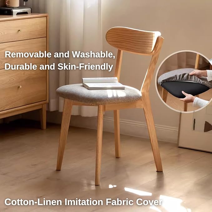 100% Solid Oak Wooden Dining Chairs - Practical Kitchen Chairs with Upholstered Cushion - Wood Chairs Set of 2 for Dining Room, Kitchen (2, Natural with Grey Cushion)