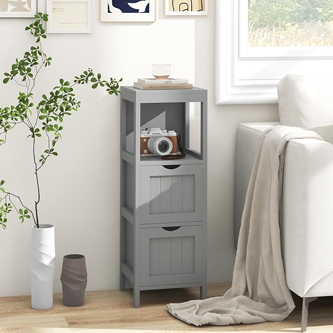 Tangkula Small Bathroom Storage Cabinet with 2 Removable Drawers, Wood Freestanding Floor Cabinet for Bathroom, Anti-Tipping Device, Side Corner Cabinet for Small Spaces (Grey)