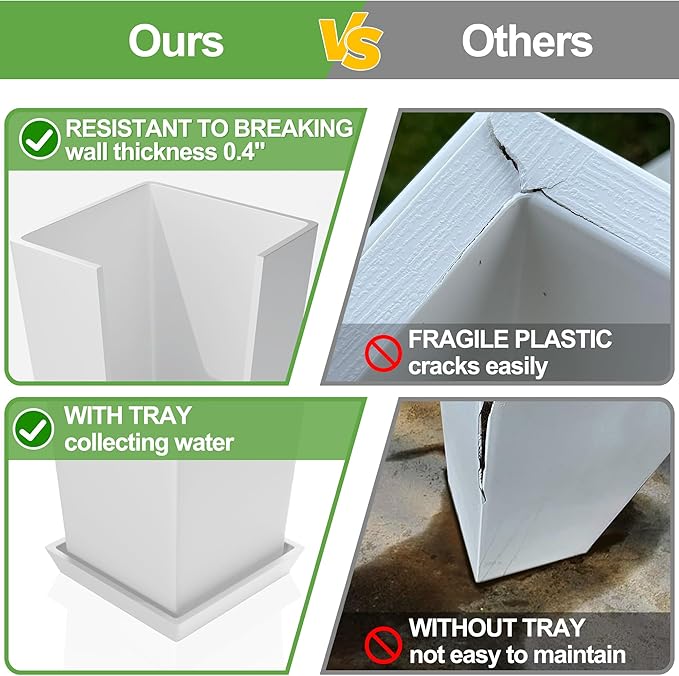 Elevens Set of 2 Tall Outdoor Planters 20 Inch, Large Planters for Indoor Outdoor Plants, Tapered Square Flower Pots with Tray for Patio, White