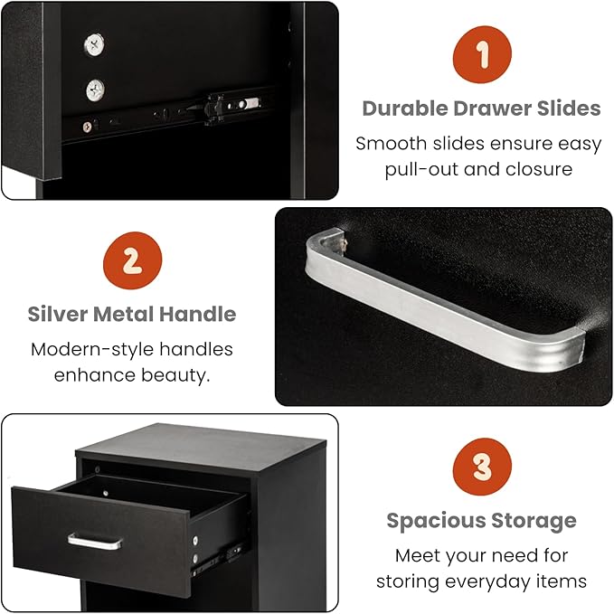Karl home Nightstand Set of 2, Wood Nightstand for Bedroom, Bedside Table Set 2 with Open Shelf, Modern Night Stand Set of 2, End Table, Black