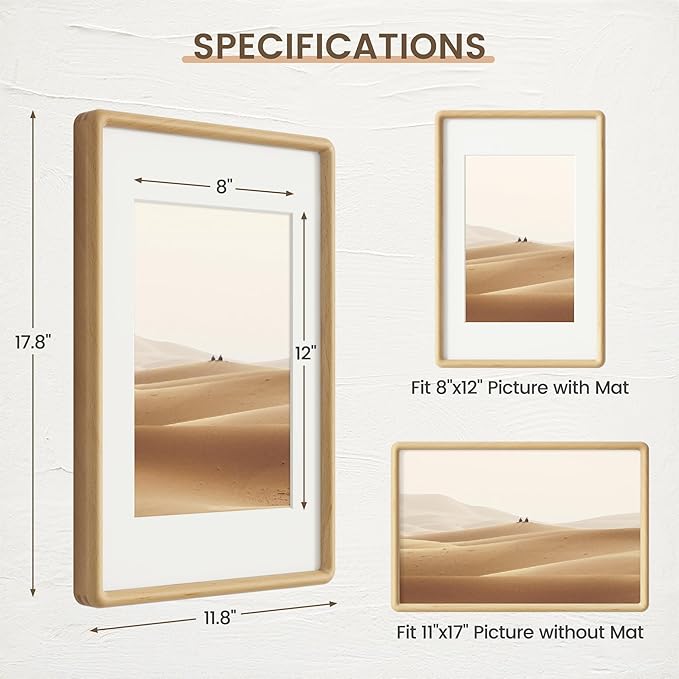 11x17 Picture Frame, Solid Beech Wood Frame with Real Glass, Hard Wood 11 by 17 Photo Frame for Wall & Tabletop Display, 11x17 Picture Frame Matted to 8x12, Natural Beech Color