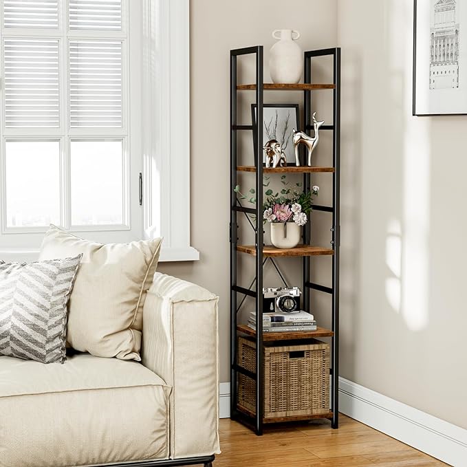 NUMENN 5 Tier Slim Bookshelf, Tall Bookcase Shelf Storage Organizer, Modern Book Shelf for Bedroom, Living Room and Home Office, Vintage