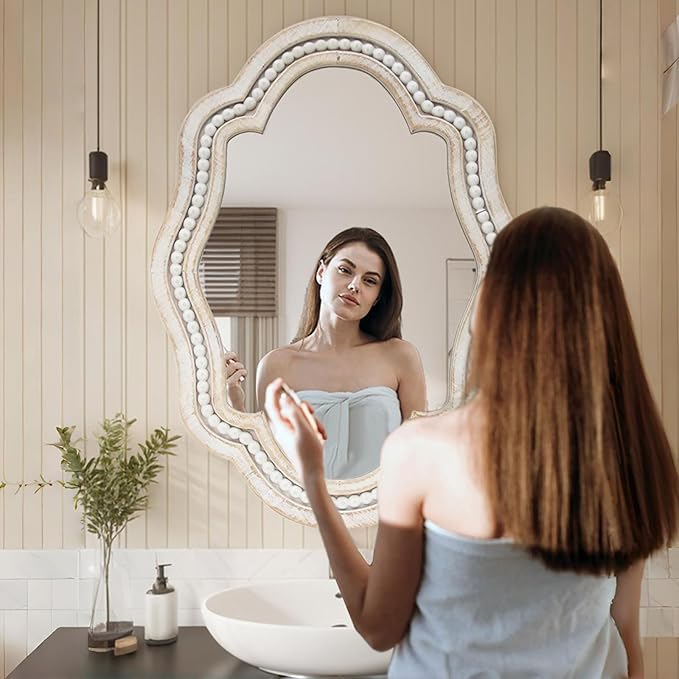 Decorative Bathroom Mirror with Elegant Scalloped Design, Stylish Wall Mirror, White Trim Wood Beaded Accent, Vintage Mirror for Bathroom, Entryway, or Bedroom