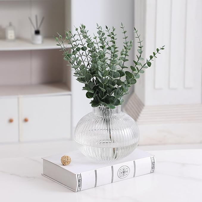 Round Glass Vase, Flower Vases for Bouquet, Ribbed Glass Vases for Flowers, Small Clear Vase for Living Room, Office, Coffee Table, Shelf, Wedding, 6 Inches