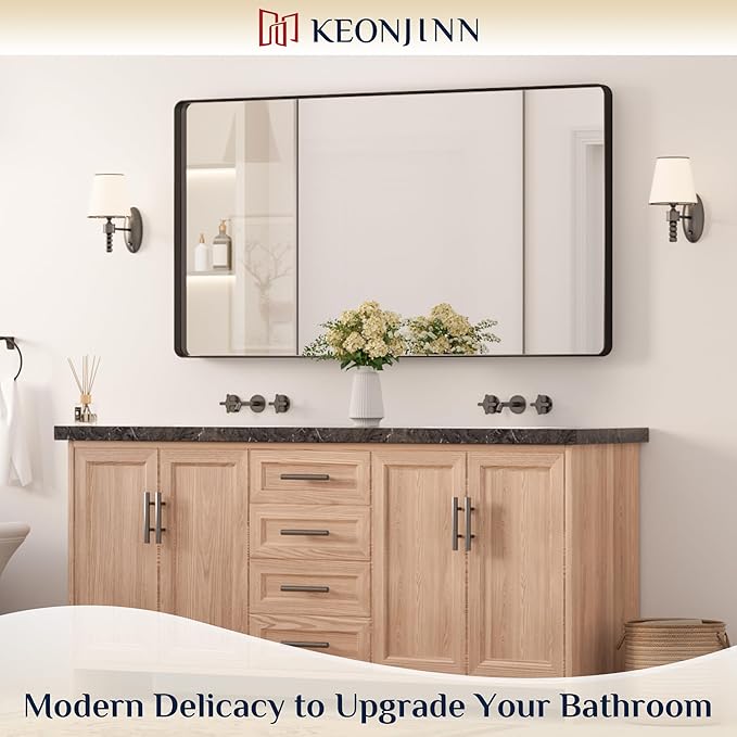 Keonjinn Black Bathroom Mirror for Vanity 55 x 30 Inch Large Metal Framed Wall Mirror Matte Black Rounded Rectangle Farmhouse Mirror, HD Tempered Glass, Modern Decorative Mirror(Horizontal/Vertical)