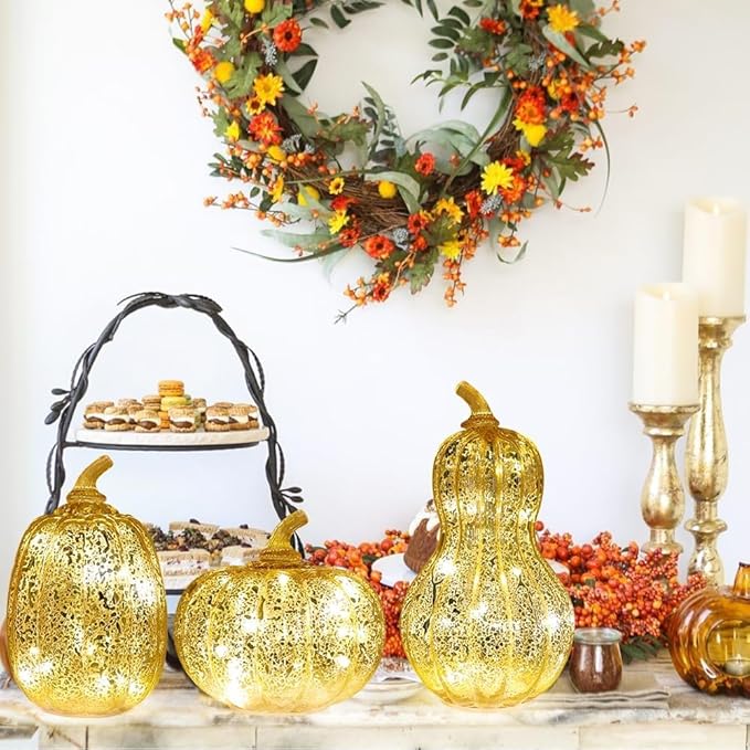 NEEDOMO Lighted Glass Pumpkin Decor, Set of 3 Gold Mercury Glass Pumpkins with Lights and Timer for Fall Thanksgiving Decorations, LED Collectible Figurines Fall Centerpiece for Tables Home