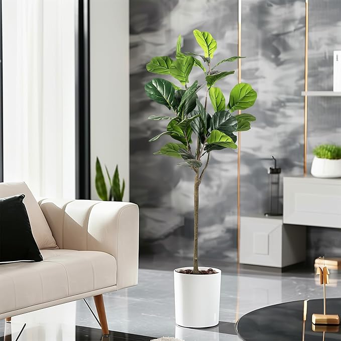 Artificial Fiddle Leaf Fig Tree, 5FT Faux Ficus Lyrata Plant Tall Fake Tree for Home Decor Artificial Tree for Indoor Office Living Room (Fiddle Leaf Fig Tree, 5 FT)