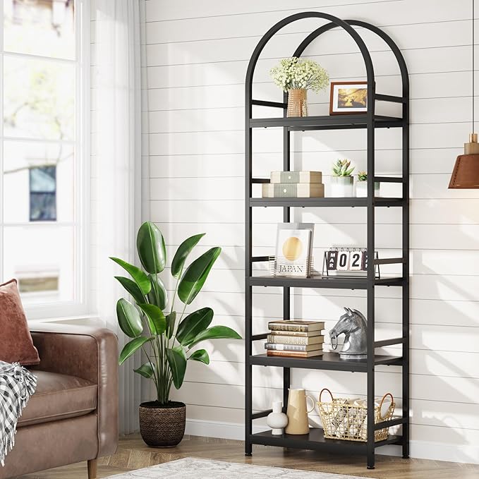 Tribesigns 5-Tier Open Bookshelf, 74.4" Wood Bookcase Storage Shelves with Metal Frame, Freestanding Display Rack Tall Shelving Unit for Office, Bedroom, Living Room, Easy Assembly(Black, 1PC)