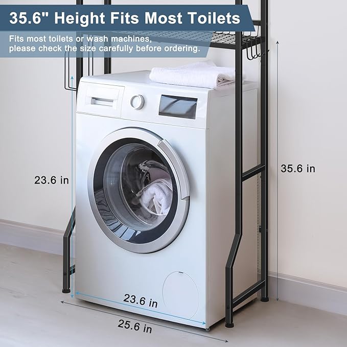 Over The Toilet Storage Over Toilet Rack Bathroom Organizer 3 Tier Toilet Shelf with 4 Hooks and Toilet Paper Holder Freestanding Bathroom Stand Over Toilet Save Space, Black