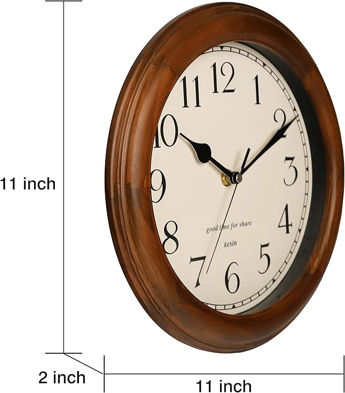Wooden Wall Clock with Retro Design, 11 Inches Round Wall Clock Battery Operated Silent Non-Ticking, Big Arabic Numerals, for Kitchen Living Room Classroom Gym and Pool, Brown