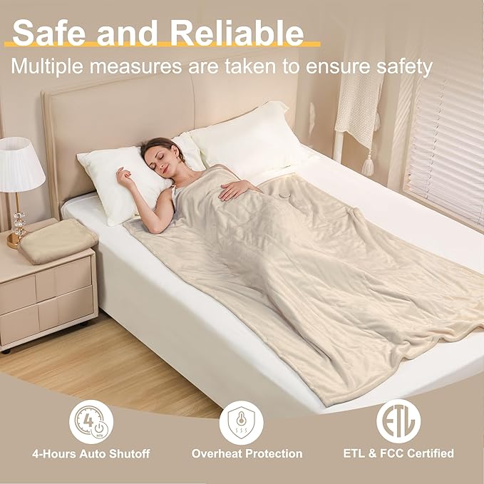 Gintao Heated Blanket Electric Throw with Detachable Hat&Snap Buttons,3 Heat Settings,4H Auto-Off, Perfect Electric Blanket Throw for Home Office,Gifts,Double-Layer Flannel, 50"x60", Beige