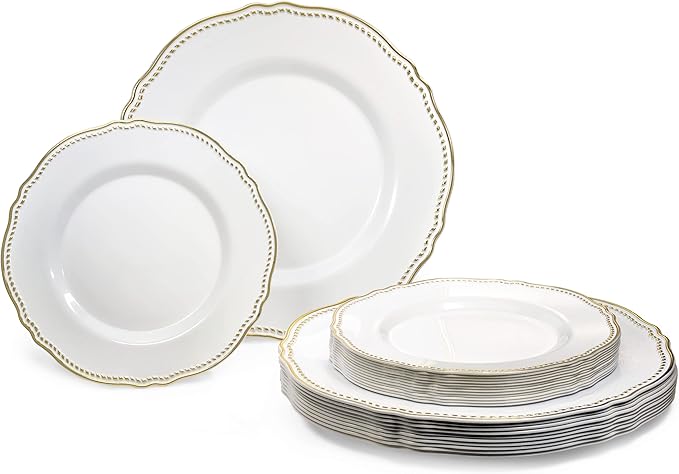 " OCCASIONS " 50 Plates Pack (25 Guests)-Heavyweight Wedding Party Disposable Plastic Plate Set -25 x 10.25'' Dinner + 25 x 7.5'' Salad/dessert plates (Rochelle White and Gold)