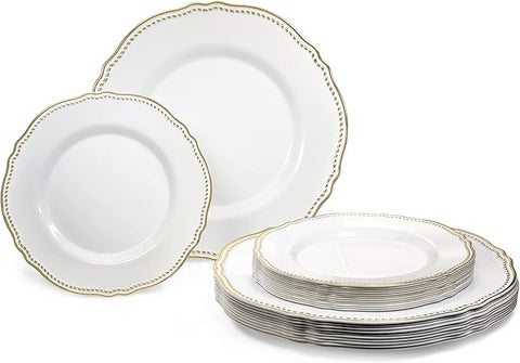" OCCASIONS " 240 Plates Pack,(120 Guests) Heavyweight Premium Disposable Plastic Plates Set -120 x 10.25'' Dinner + 120 x 7.5'' Salad/Dessert (Rochelle White and Gold)