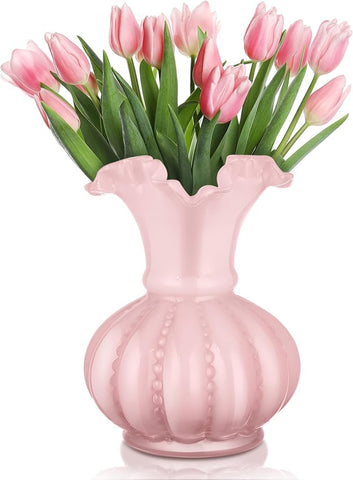 Joeyan Handmade Pink Glass Flower Vase,7.9" Vintage Decorative Urn Vase for Centrepieces Bouquet Wedding,Colored Thickened Pedestal Decorations for Rustic Home Living Room Office Farmhouse