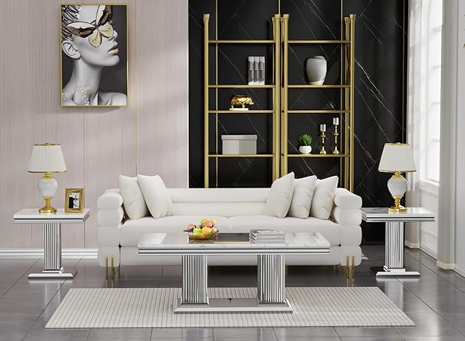 SSLine Modern White Faux Marble End Table Luxury Square Sofa Side Table with Silver Pedestal Base Mid-Century Elegant Bedside Table w/Mirrored Stainless Steel Frame for Living Room Bedroom