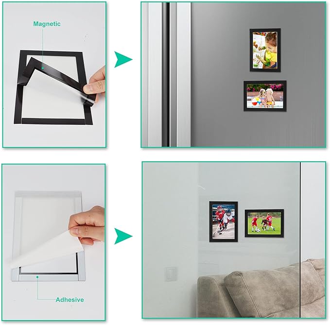 CRUGLA 5x7 Magnetic Picture Frames for Refrigerator 8 Packs, Modified Sheet With Self Adhesive Backing, Black Photo Frame Set for Glass Window Door Cubicle