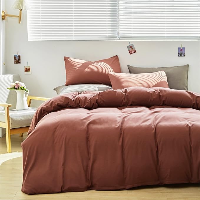 Cottonight Brick Red Comforter Queen Bedding Set - Full Solid Modern Blackish Red Blanket Quilts Soft Simple Breathable Comforter for Women & Men
