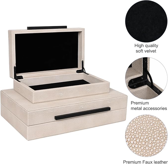 Large Decorative Storage Box with Lid - Modern Ivory Shagreen Leather Jewelry Organizer Box, Stackable Home Decor Box for Bedroom, Bathroom & Office
