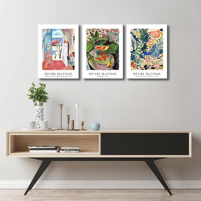 Wieco Art Canvas Wall Art Set of 3 Henri Matisse Aesthetic Posters Woman with A Red Umbrella Goldfish Landscape at Collioure Art Exhibition Matisse Prints Posters for Home Decorations