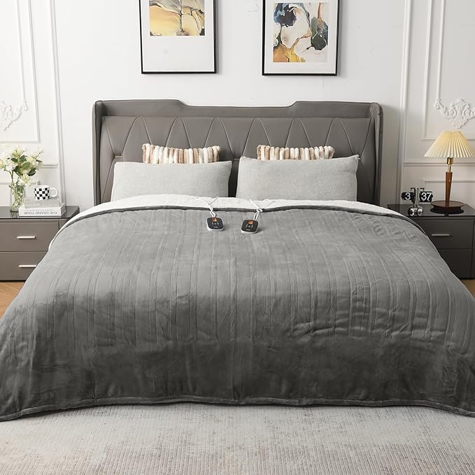 WOOMER Electric Heated Throw Blanket, Soft Flannel Fast Heating Bed Blanket with Multi-Color Option, Queen Size 84"x 90", 10 Heating Levels & 0.5-12H Auto Off, Over-Heat Protection