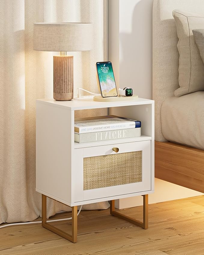 Rattan Nightstand with Charging Station, Boho Night Stand Farmhouse Wood Bedside Table with Storage and Open Shelf, End Side Accent Table for Bedroom,Living Room,White