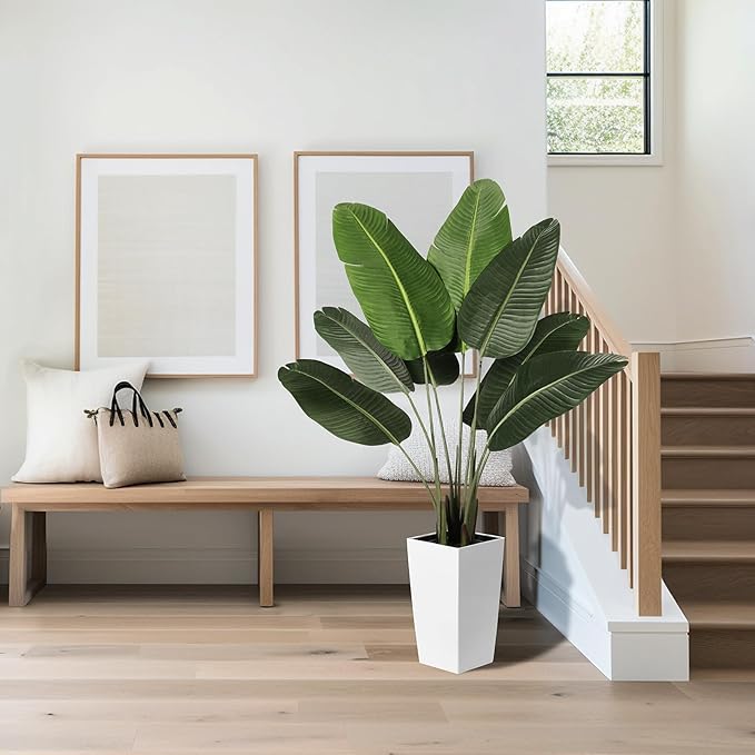 Bird of Paradise Artificial Plant 5ft - Faux Tropical Palm Potted Tree with White Planter - 5 Feet Fake Plants Areca Palm Tree Banana Leaf Plant in Pot for Home Office Decor