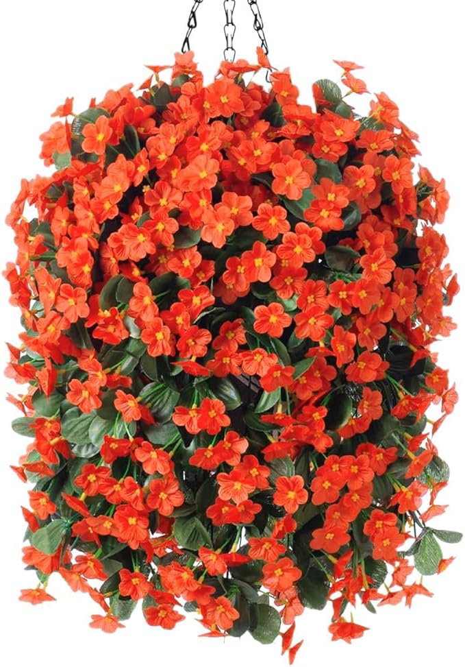 Artificial Fake Fall Hanging Flowers Plants Baskets for Outdoor Outside, Faux Silk Autumn Orange Orchid Trailing Vines in Planter Realistic UV Resistant for Balcony Porch Decor