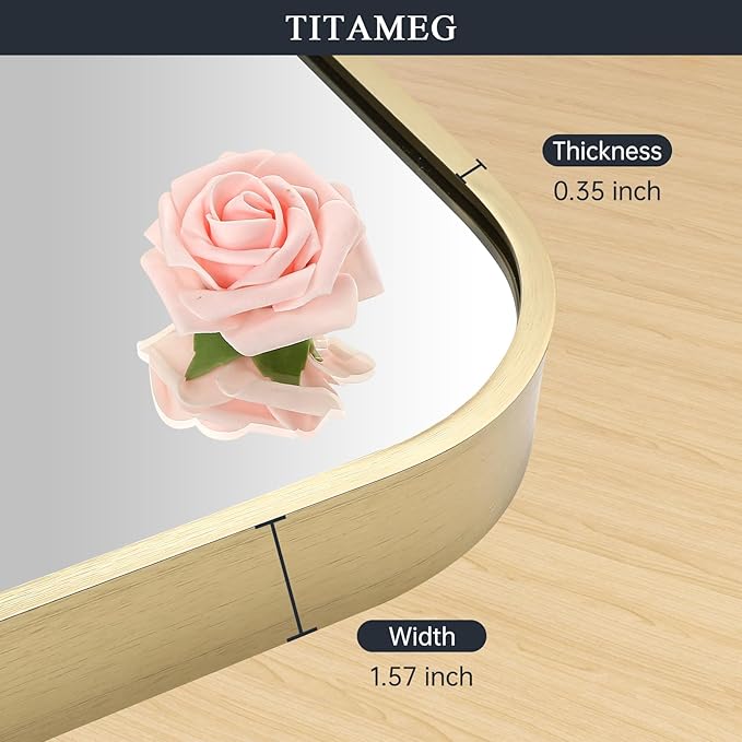 20x30 Inch Bathroom Mirror for Wall, Gold Framed Rectangle With Rounded Corner, Aluminum Alloy Brushed for Bedroom or Living Room, Vertical or Horizontal
