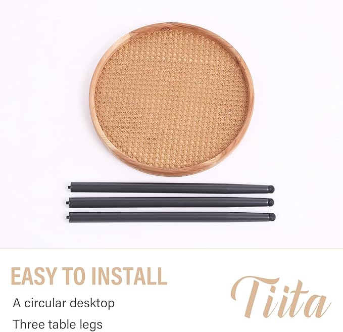Tiita 2 Pack Rattan Round End Table Mental Side Table Nightstand/Small Wood Tables Accent Coffee Table with Wooden Tray for Living Room Bedroom Office Small Space