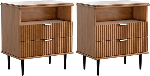 Nightstand with Charging Station, Wide Fluted Nightstand, Wood for Bedroom, Living Room, Black Dresser with Storage Drawers, Bedside Table with Metal Handle & Leg (Walnut Set of 2, 23.3)