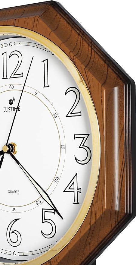 JUSTIME Traditional Schoolhouse Luminious Arabic Regulator Wall Clock, Chiming Wall Clocks with Pendulum & Westminster Chime Hourly, Schoolhouse Wall Decor Battery Operated (Light Wood Grain)
