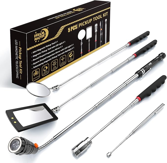 Magnetic Pickup Tool Set with 15lb&1lb Pick Up Rod, Round&Square 360 Swivel Adjustable Inspection Mirror and Telescoping Flexible Flashlight, Birthday Gifts For Men, Dad, Husband, Father