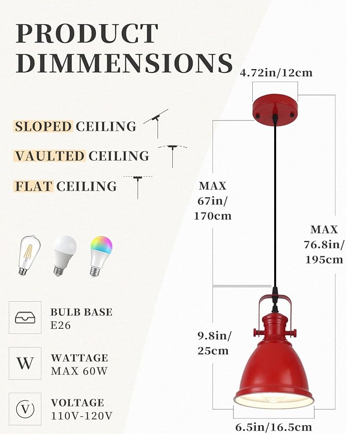 Red Pendant Lights Kitchen Island 3 Pack, Vintage Pendant Light, 6.5’’ Farmhouse Pendant Light Fixtures, Adjustable Height, Pendant Lighting for Dining Room, Living Room, Sink, Bar
